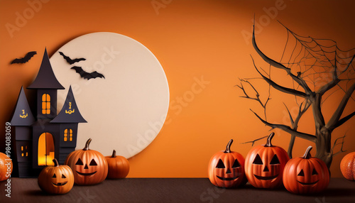 bannière d'illustration Halloween, arrière-plan orange avec décoration de fête et espace de copie