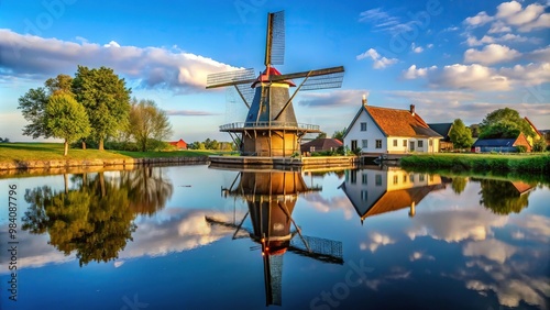 Authentic Dutch windmill reflected in water at Little Chute, Wisconsin