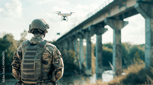 Military soldier flying a reconnaissance drone for a mission under the bridge.