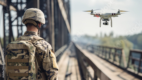 Soldier conducting reconnaissance with a drone on a bridge during a tactical mission.