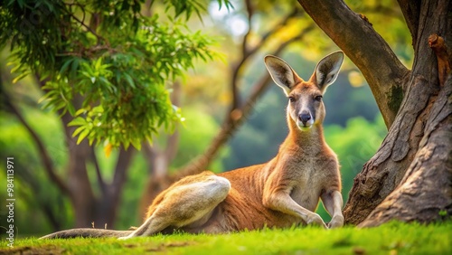 Big red kangaroo resting under tree shade