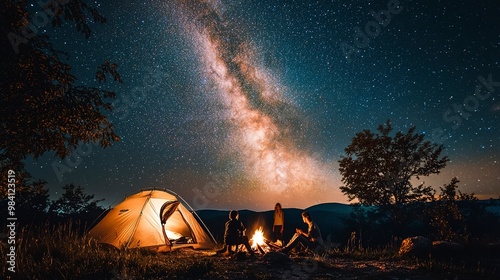 Family camping under starry night sky Milky way watching Camp bonfire with kids Travel and hiking with young children and dog Group of people next to tent in national park Star gazing