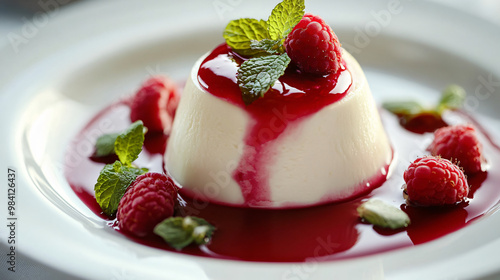 A visual of a gourmet panna cotta with a raspberry coulis and fresh mint leaves.