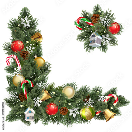 Vector Pine Corner with Christmas Decorations isolated on white background