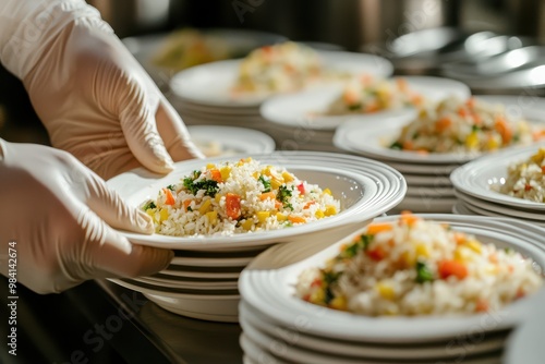 Carefully plating delicious vegetable rice at a bustling kitchen during lunch