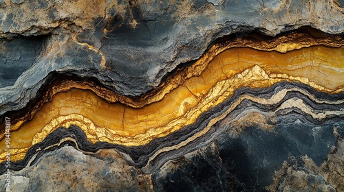 A close-up view of layered rock with golden and black textures.