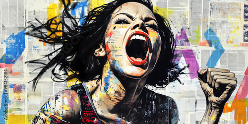 Woman screaming for rights equality, raised fist, rebel fighting spirit, urban street art graffiti