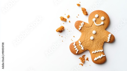 Overhead shot of broken gingerbread man cookie with crumbs scattered, isolated on a white background, conveying imperfection or holiday mishap 