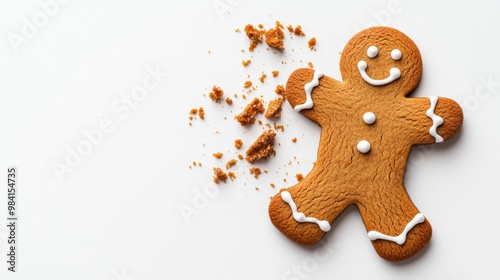 Overhead shot of broken gingerbread man cookie with crumbs scattered, isolated on a white background, conveying imperfection or holiday mishap 