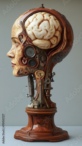 Steampunk Human Head Sculpture with Intricate Mechanical Details