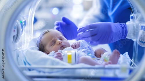 Premature newborn baby in the hospital incubator. Neonatal intensive care unit