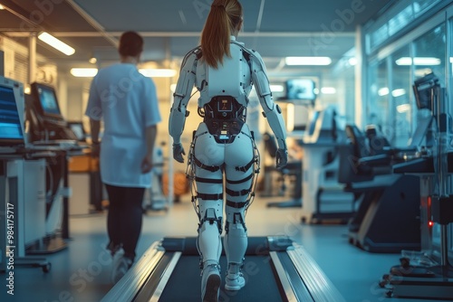 Scientist walking in exoskeleton on treadmill in laboratory