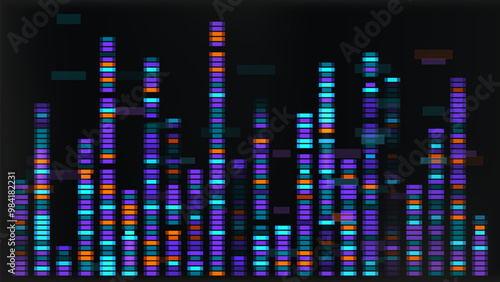 Dna sequence map with genetic data visualization. Genome pattern analysis for abstract medical research illustration. Antibody marker mapping. Pop or rock music sound vibrations with glitch effect.