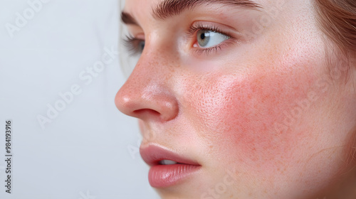 Close up face of young woman suffering from problem skin. Acne, rosacea, dry skin. Dermatology concept