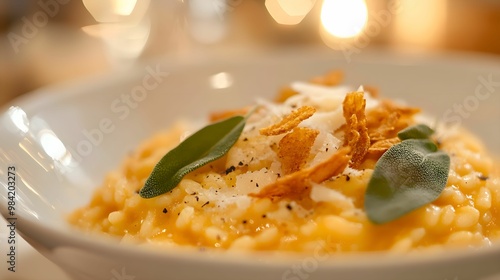 risotto, dynia, szałwia, kremowe, elegancja, ser, parmezan, trufla, oliwa, delikatność, fine dining, jesień, ciepłe, talerz, danie, restauracja, luksus, świeżość, garnir, zioła, tekstura, dekoracja, 