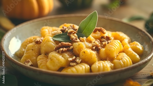 gnocchi, dynia, orzechy, włoskie, jesień, talerz, elegancja, szałwia, masło, brązowe, restauracja, fine dining, ciepłe, jesienne, dekoracja, garnir, delikatne, wykwintne, kuchnia, talerz, ekskluzywne,