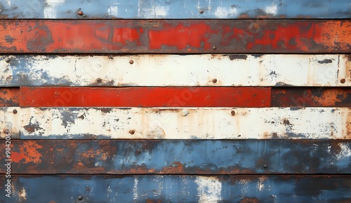 A weathered wooden surface with red, white, and blue paint chipping off.