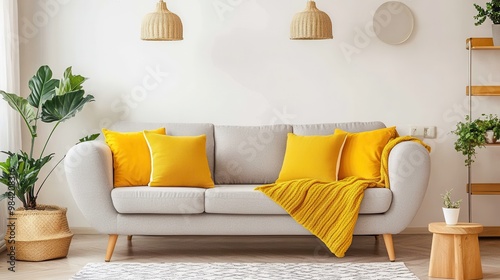 A bright, cheerful living room with a light gray sofa adorned with vibrant yellow pillows