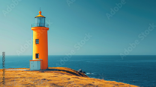 An orange lighthouse, minimalist style, bright blue sky. Generative AI.