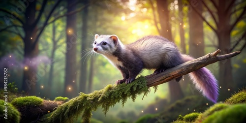 Purple-clad ferret soars through silver-lit forest on a diminutive broom, radiating excitement amidst the quiet, mossy scenery.