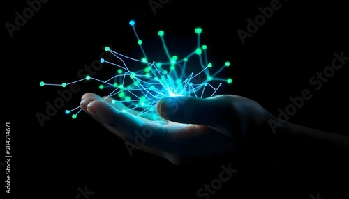 Hand holding a network of data connections representing technological progress and digital innovation