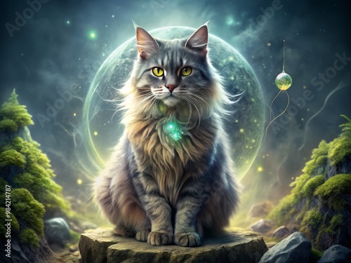 Against a backdrop of damp, moss-draped stone, the cat's majestic form is illuminated by the pulsing crystal, its eyes aflicker with an ancient, mystical power.