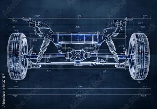 3d wireframe blueprint polygon plan schematic view of a car suspension system