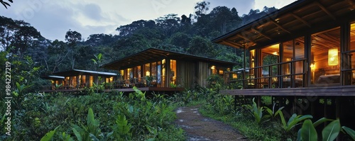 An eco-tourism lodge with James Hardie siding that blends with its jungle surroundings, offering eco-friendly accommodations and promoting sustainable tourism practices