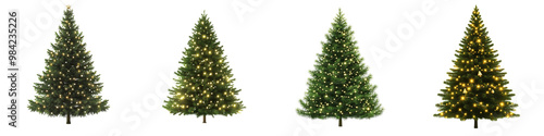 Set of a Christmas tree with twinkling lights, isolated on a transparent background.