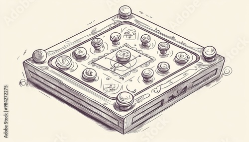 Line art illustration of a carrom game featuring pieces and players on the board