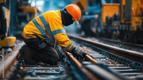 A construction worker kneels on railroad tracks, inspecting the rails.