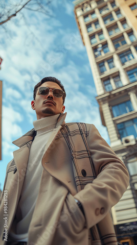 Stylish male model wearing high end fashion clothing, posing confidently against city backdrop with clear blue sky. urban setting enhances fashionable vibe