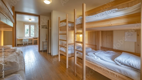 A dormitory room with wooden bunk beds and white bedding. The room has a wooden floor and a window with a view of the outdoors.