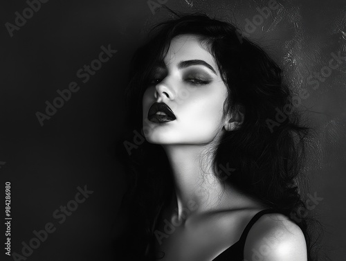 Portrait en noir et blanc d'une femme avec un maquillage dramatique