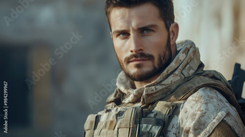 Retrato de hombre militar en su rostro. Vestido con equipamiento de camuflaje militar en una pose de tres cuartos. Fotografía de guerra.