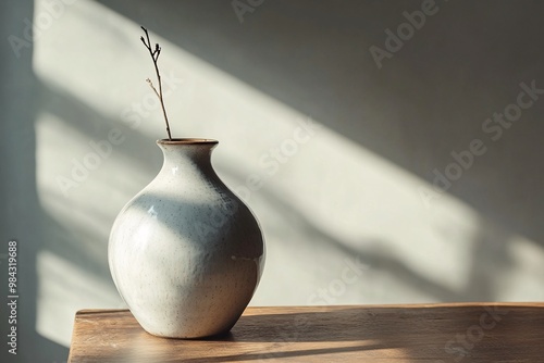 White Ceramic Vase with Dried Branch on Wooden Table