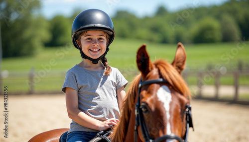 Happy young girl riding a horse in a sunny equestrian arena during her lesson.