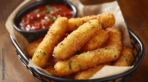 A visual of a basket of crispy mozzarella sticks with a side of marinara sauce.