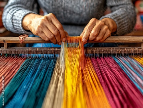 A skilled artisan weaving intricate patterns on a traditional loom, surrounded by colorful threads and fabrics, representing the art of handcrafts