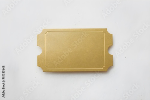 Blank golden ticket with scalloped edges, centrally positioned, elegant look against white background