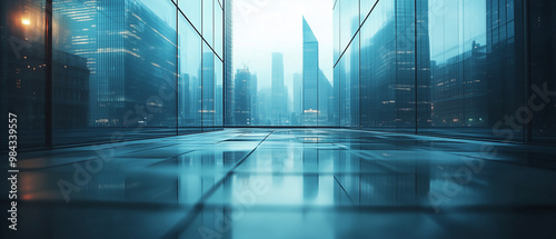 Empty modern business office skyscrapers. High-rise buildings in commercial district with blue sky. bright and clean high tech office background