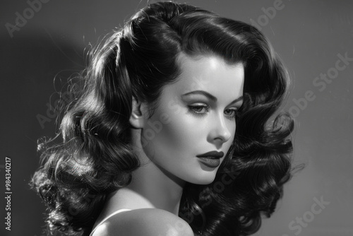 Classic Hollywood glamour portrayed by a woman with elegant retro waves, in a timeless black and white photo