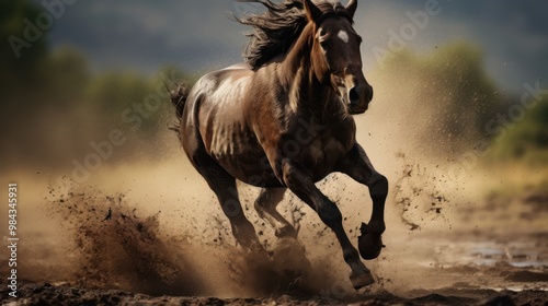 A powerful horse gallops through muddy terrain, its mane flowing and hooves kicking up dirt, evoking strength and freedom.