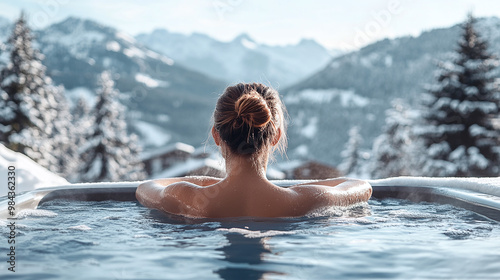 Beautiful girl in a warm jacuzzi against the backdrop of winter mountains