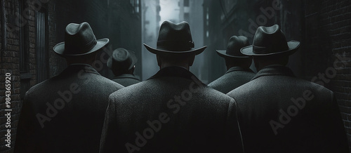 5 gangsters in fedora hats facing away from the camera, cinematic, dark alley background