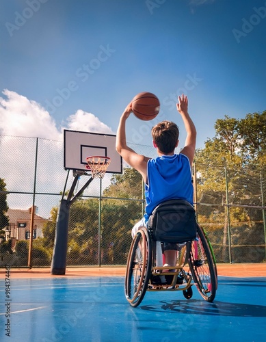 Un adolescente con silla de ruedas practicando baloncesto en una cancha al aire libre; la imagen refleja inclusión, esfuerzo y diversión en una actividad física.