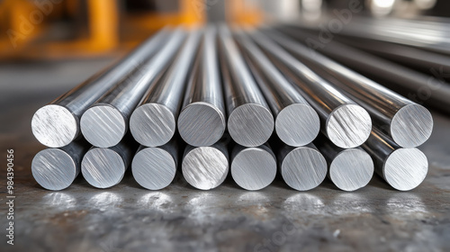 Steel bars are neatly arranged on table, showcasing their shiny surfaces and precision