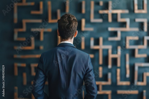 A businessman staring at a maze of red tape Trade Restrictions complex regulations obstructing international trade