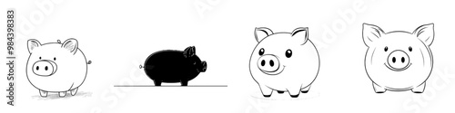 Continuous line art drawing of pig moneybox. Black linear sketch isolated on white background.