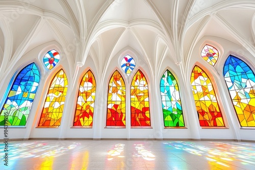 Colorful stained glass windows in gothic cathedral with arched ceilings